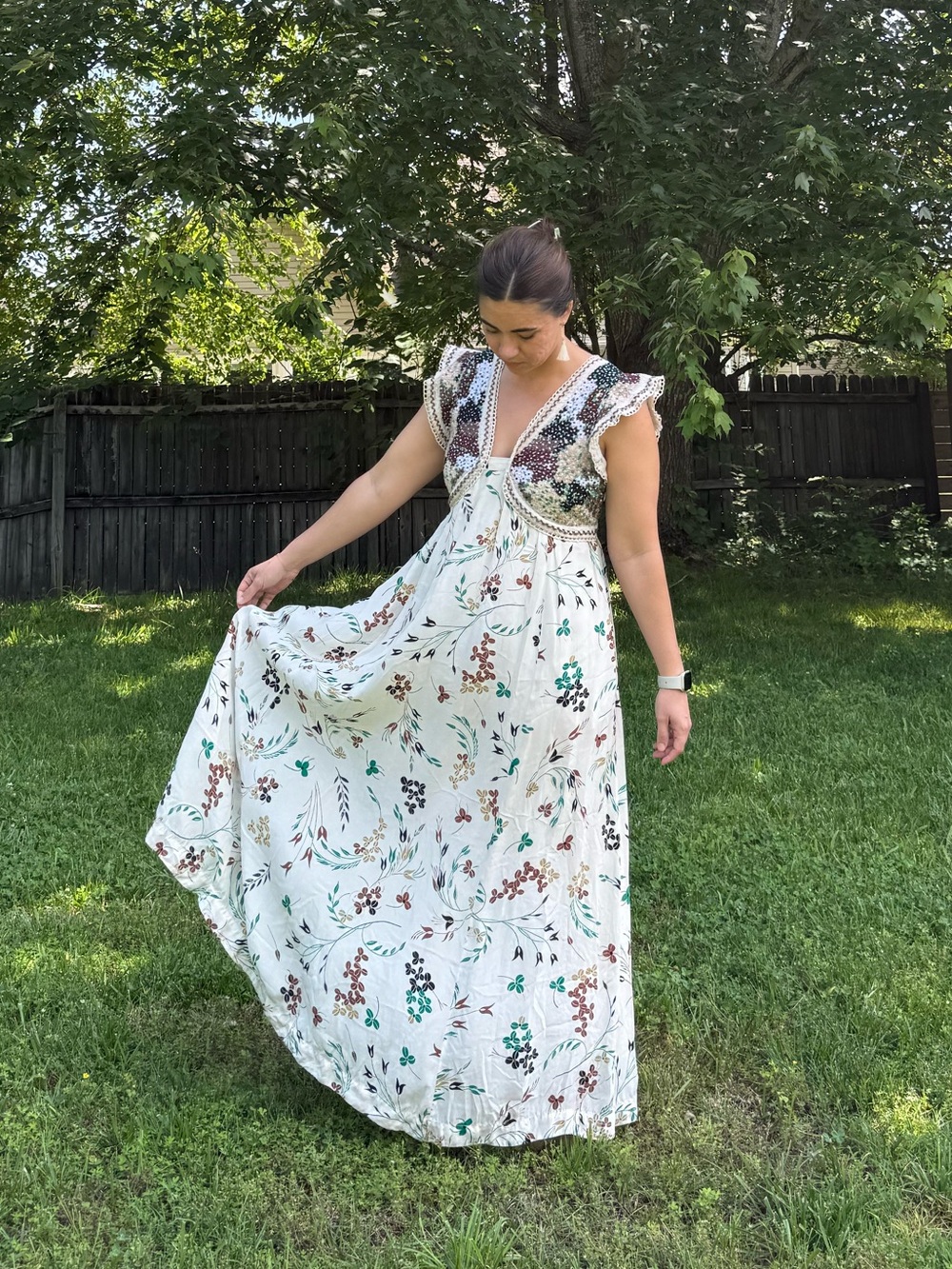 Anthropologie Cream Floral Maxi Dress with Embroidered Yoke and Pockets - Picture 5 of 6